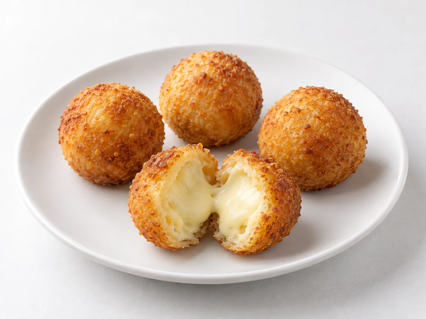 チーズボール4個の料理イメージ。ひとつは半分に割って、中のチーズを見せています。
